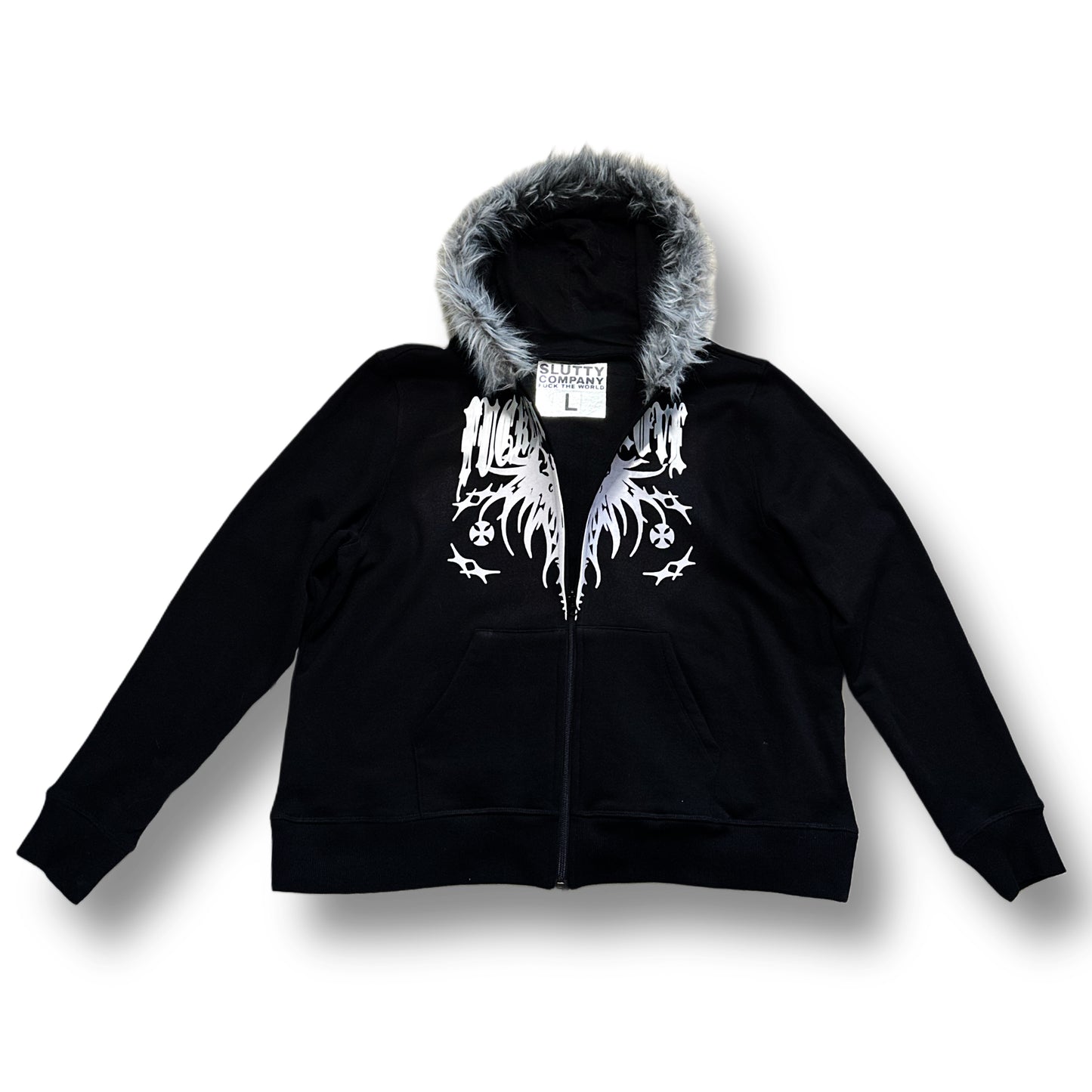 Black “Fuck Fake Love” Fur Hoodie (L)